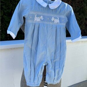 Vintage Friedknit Creations Smocked Romper Scottie Dogs Blue Corduroy 9M